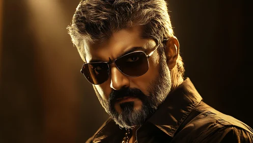 Bearded man in sunglasses under dramatic golden light.