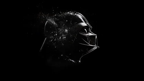 Side-profile helmet silhouette with particle dispersion effect.