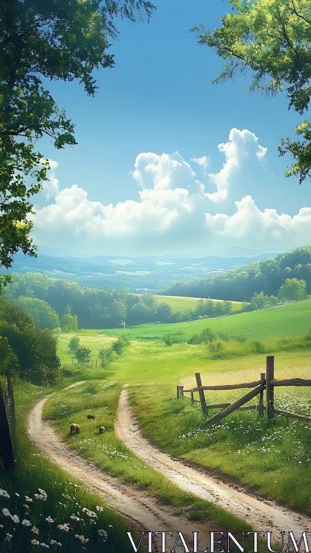 Sunlit country lane curling toward cloud-soft hillsides.