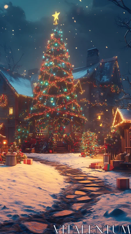 Snowy village Christmas tree glows with warm festive lights.