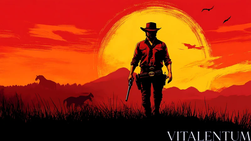 Solitary gunslinger walking into blazing frontier sunset.