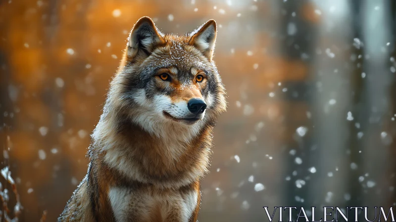 Gray wolf in shallow depth of field winter forest scene.