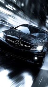 Black Mercedes coupe powers through sleek night rain scene.