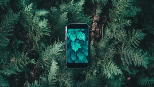 Smartphone displaying fern foliage placed centrally among dense green vegetation