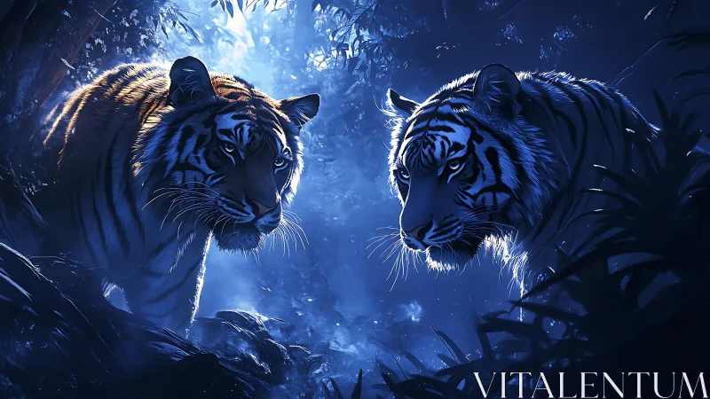 Two Majestic Tigers in Moonlit Wilderness.