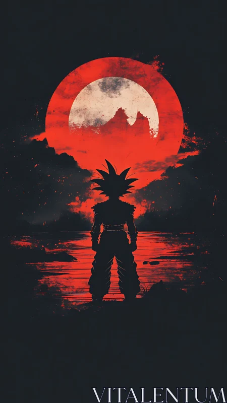 Silhouetted warrior against blood-red celestial eclipse.