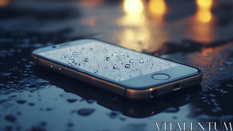 Hydrophobic smartphone displaying condensation patterns with bokeh backdrop.