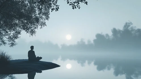 Solitary figure meditates at misty lakeshore under diffuse sunrise