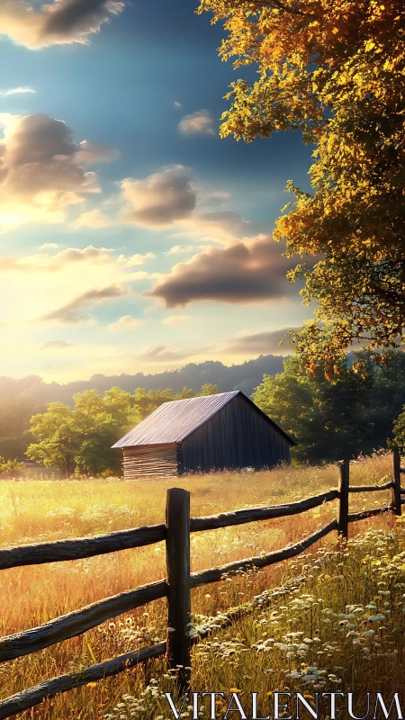 Sunlit barn stands beyond rustic fence in golden meadow