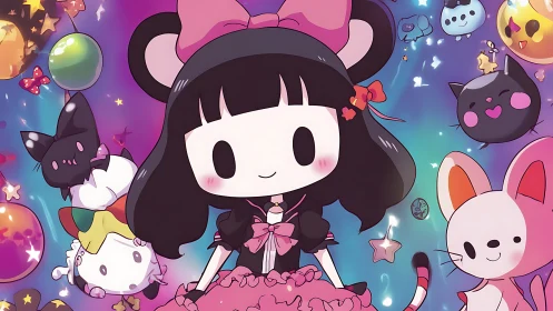 Kawaii anime girl in pastel fantasy space with floating mascots