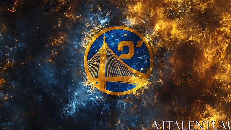 Cosmic bridge emblem blazing through blue and ember storms.