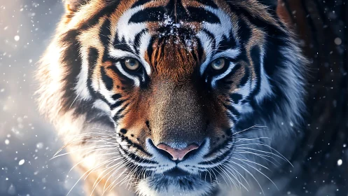 Winter-lit tiger portrait in cinematic close-up focus.