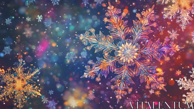 Multicolored fractal snowflakes overlay a blurred bokeh field