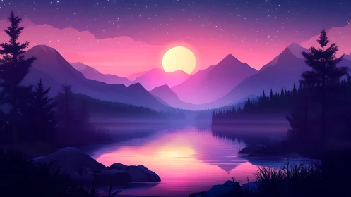 Cotton-candy twilight paints mountains in mirrored lake hush