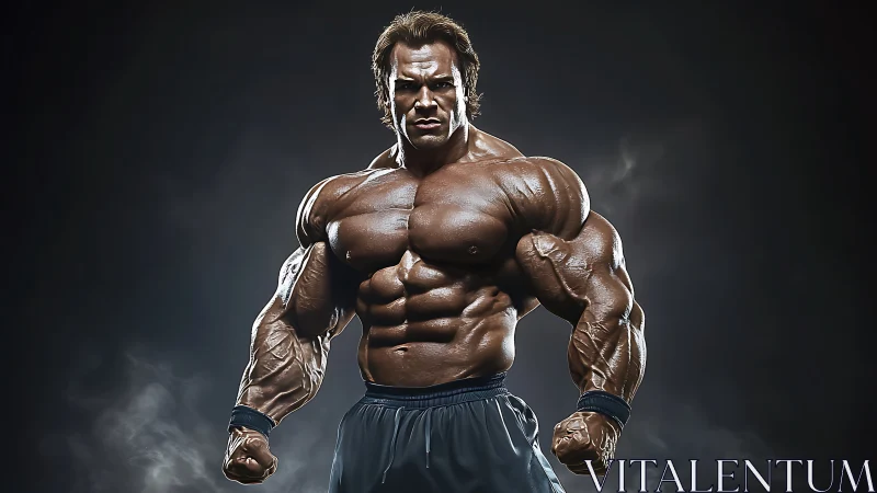 Hyperreal bodybuilder portrait with dramatic rim lighting.