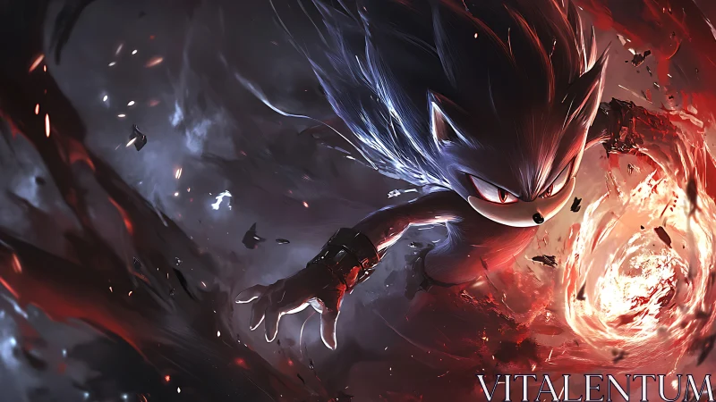 Anthropomorphic hedgehog figure amid swirling red energy.