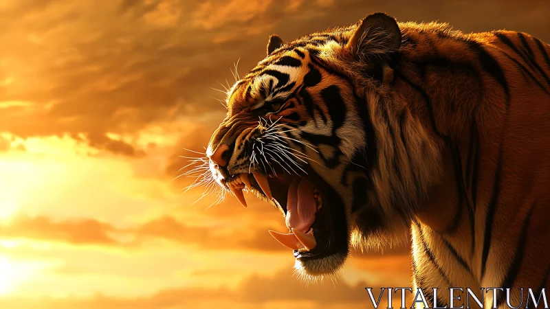 Roaring tiger silhouette dominates blazing sunset sky.