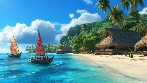 Tropical Lagoon Settlement: Thatched Architecture with Traditional Sailing Vessels