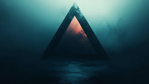 Geometric portal silhouette over misty cyan ocean horizon.