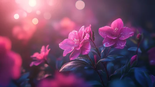 Pink flowers in soft focus with bokeh background.