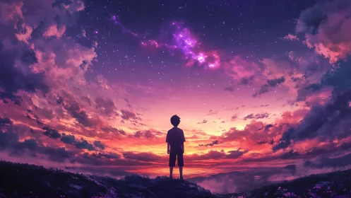 Boy contemplates a luminous galaxy in a blazing sunset sky.