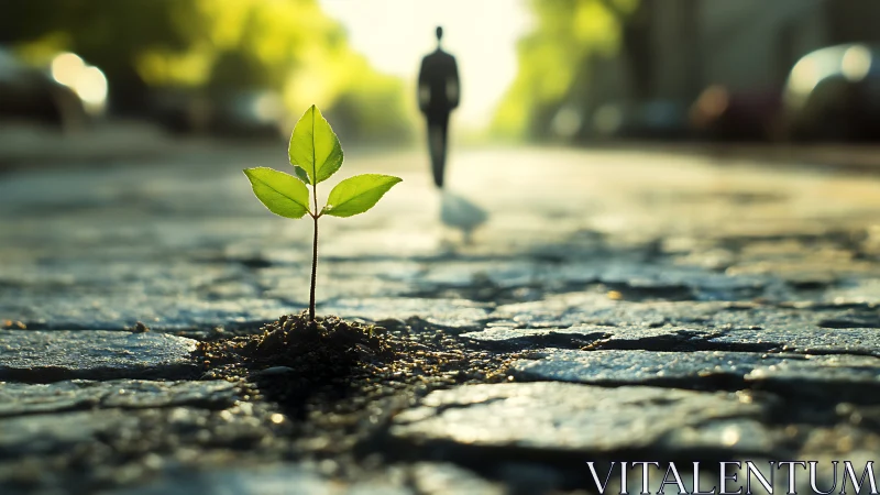 Green sprout breaks city pavement in hopeful morning light