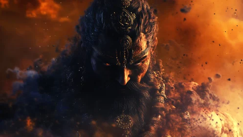 Storm-Forged Deity Emerging From Ember-Heavy Darkness.