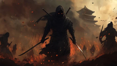Hooded ninja strides through burning temple ruins in chiaroscuro