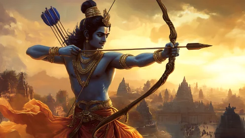 Divine archer stands poised above ancient temple city at dusk