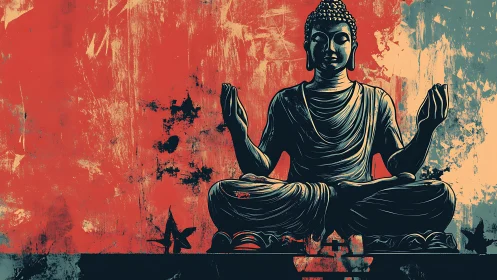 Meditating Buddha silhouette over distressed red backdrop.
