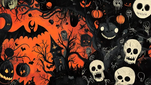 Halloween night scene shows skulls, pumpkins and bats