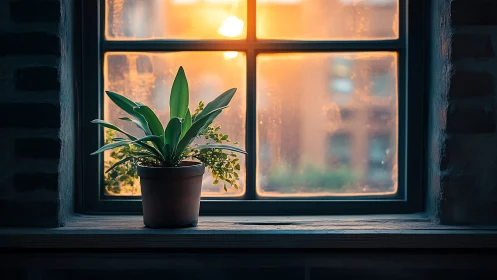 Potted houseplant catches warm sunset glow through window