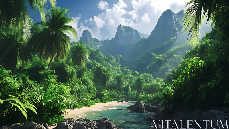 Tropical Valley with Limestone Mountains and River.