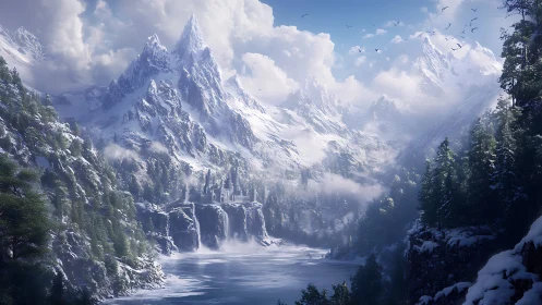 Hidden winter castle cradled by towering misty peaks.