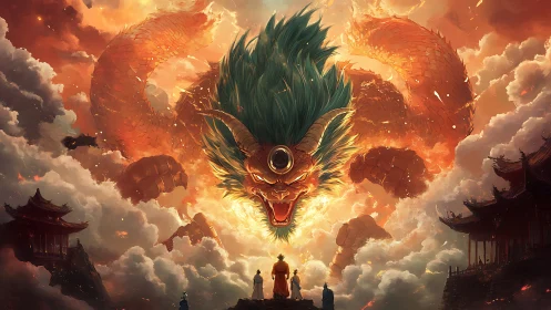Dragon emerges from fiery storm clouds above distant figures