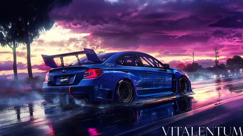 Blue tuned sedan drifts on wet road under neon sunset sky