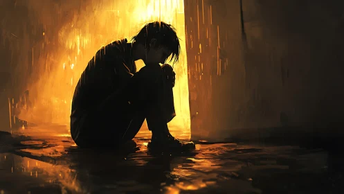 Solitary human figure in silhouette against vertical light field.