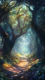 Enchanted Forest Path with Ancient Trees and Golden Light.