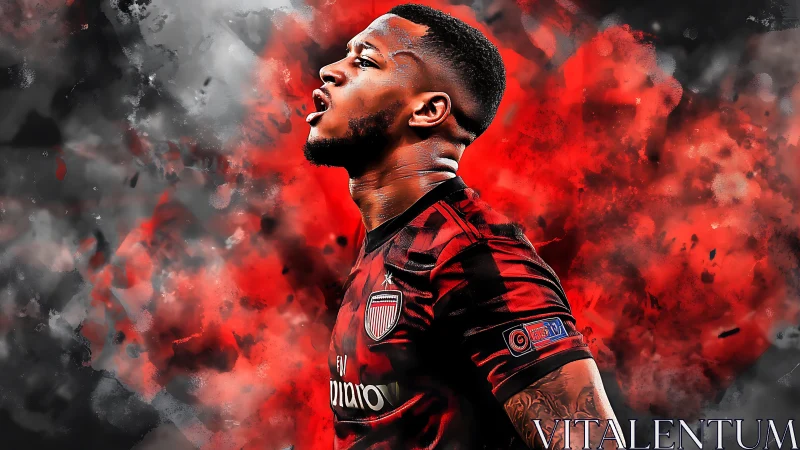 Digital portrait of footballer in red and black kit.