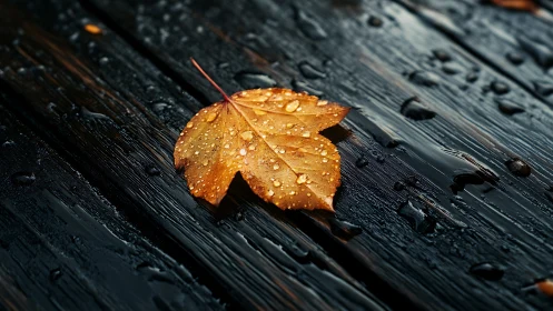 Single wet leaf rests on dark wooden planks after rainfall