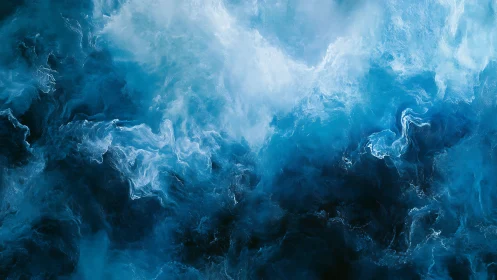 Swirling blue and white abstract fluid forms fill the frame