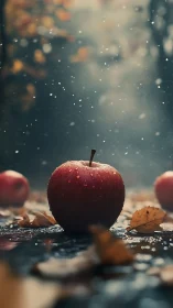 Crimson apple rests on wet autumn street under drizzle.