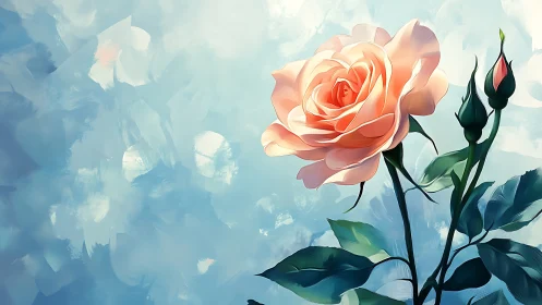 Botanical Illustration with Peach Rose Against Blue Atmospheric Background