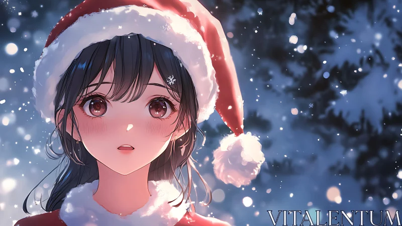 Snowlit anime girl in Santa attire under soft bokeh snowfall