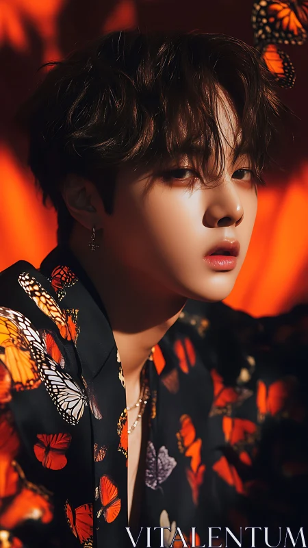 Portrait of young man in butterfly print under warm light