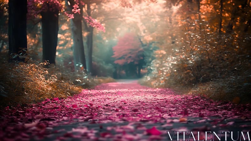 Luminescent Forest Pathway with Saturated Magenta Foliage Accumulation.