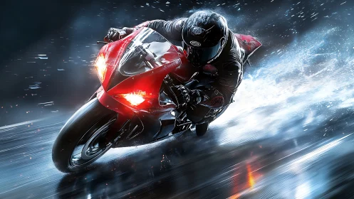 High-speed red sportbike leaning into wet asphalt corner at night