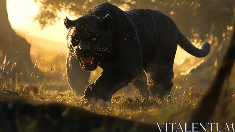 Black Panther Snarling Through Golden Grassland Light