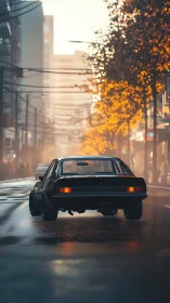 Cinematic rear-angle muscle car on misty urban avenue at dusk.