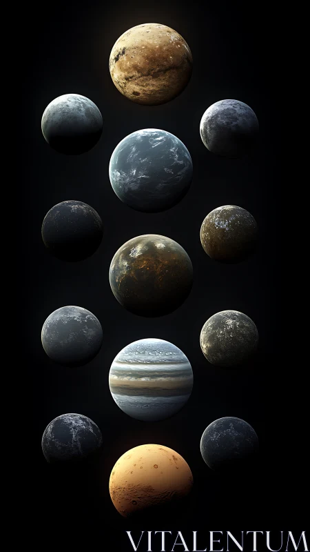 3D exoplanet lineup with diverse atmospheric textures.